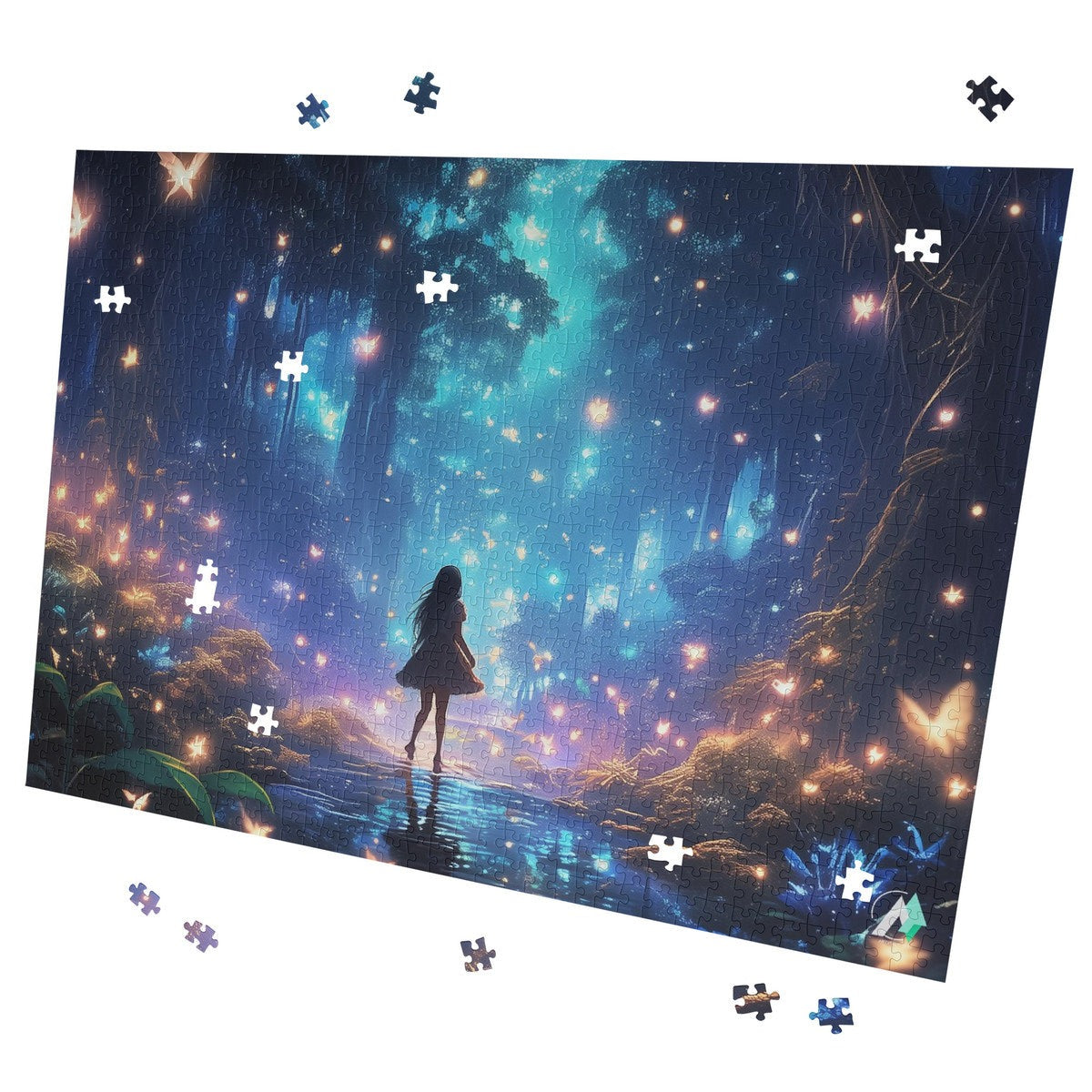 Forest of Magic III Puzzle featuring a girl in a dress amidst a forest scene, crafted from premium ivory cardboard with a satin finish.