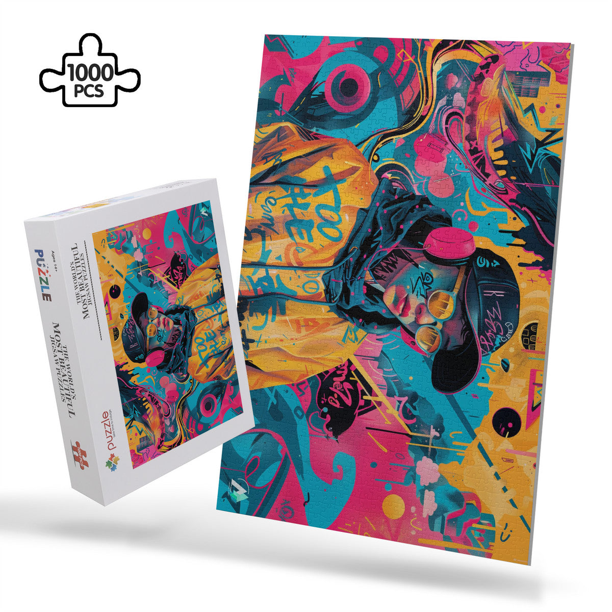 Streetwear Abstraction I Puzzle, depicting a boy in a hat and sunglasses, crafted from premium ivory cardboard. Available in 500 and 1000 pieces.