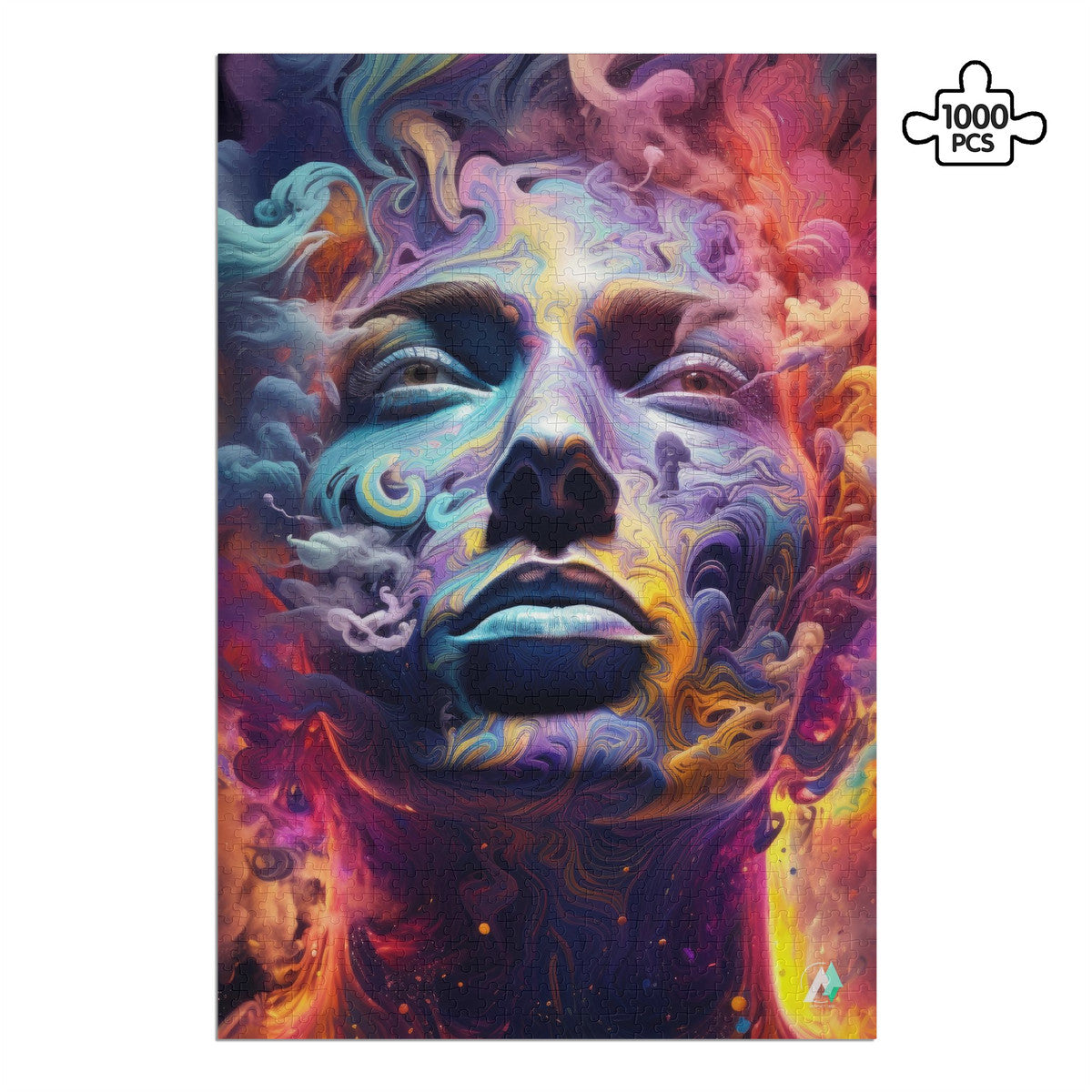 Titan Rising Puzzle featuring a woman's face enveloped in multicolored smoke, crafted from premium ivory cardboard with a satin finish, available in 500 and 1000 pieces.
