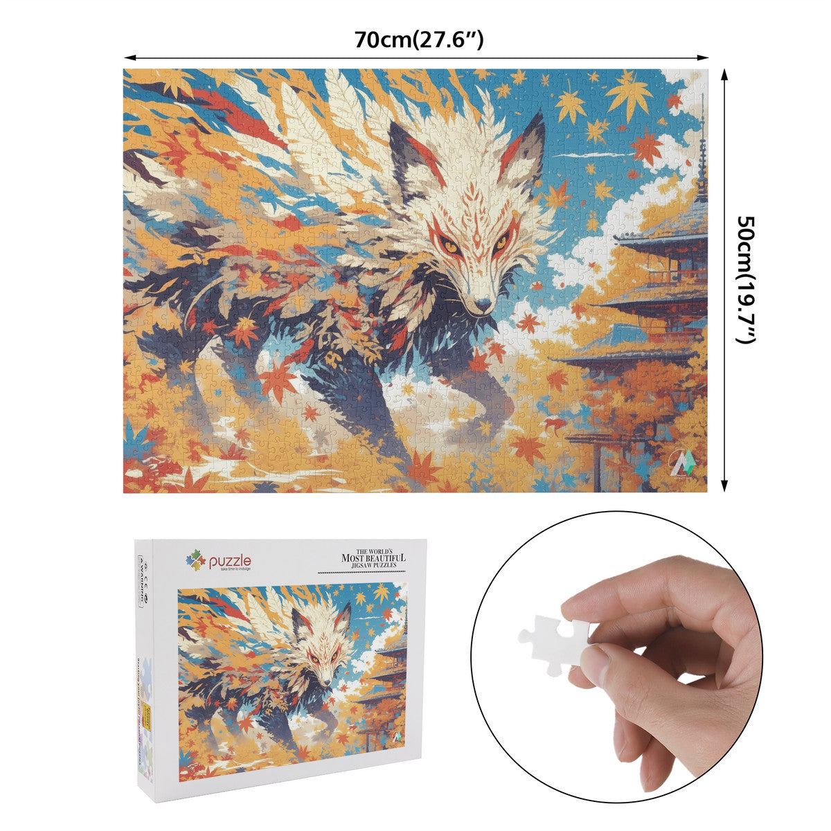 Fall'n for Foxes V Puzzle featuring a fox surrounded by leaves, available in 500 and 1000 pieces, crafted from premium ivory cardboard.