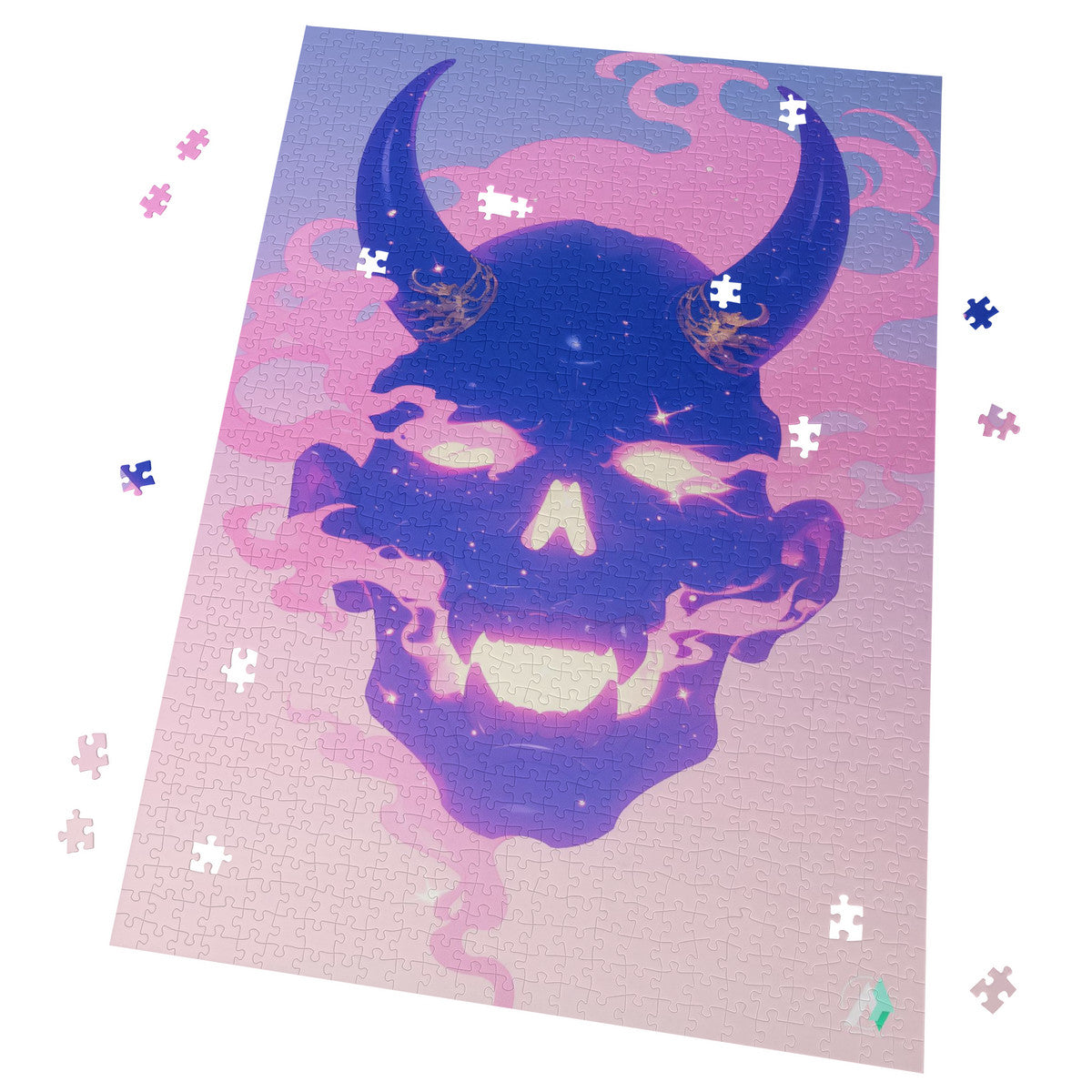 Oni Spirit Mask IV Puzzle featuring a skull with horns, available in 500 and 1000 pieces, crafted from premium ivory cardboard with a satin finish.