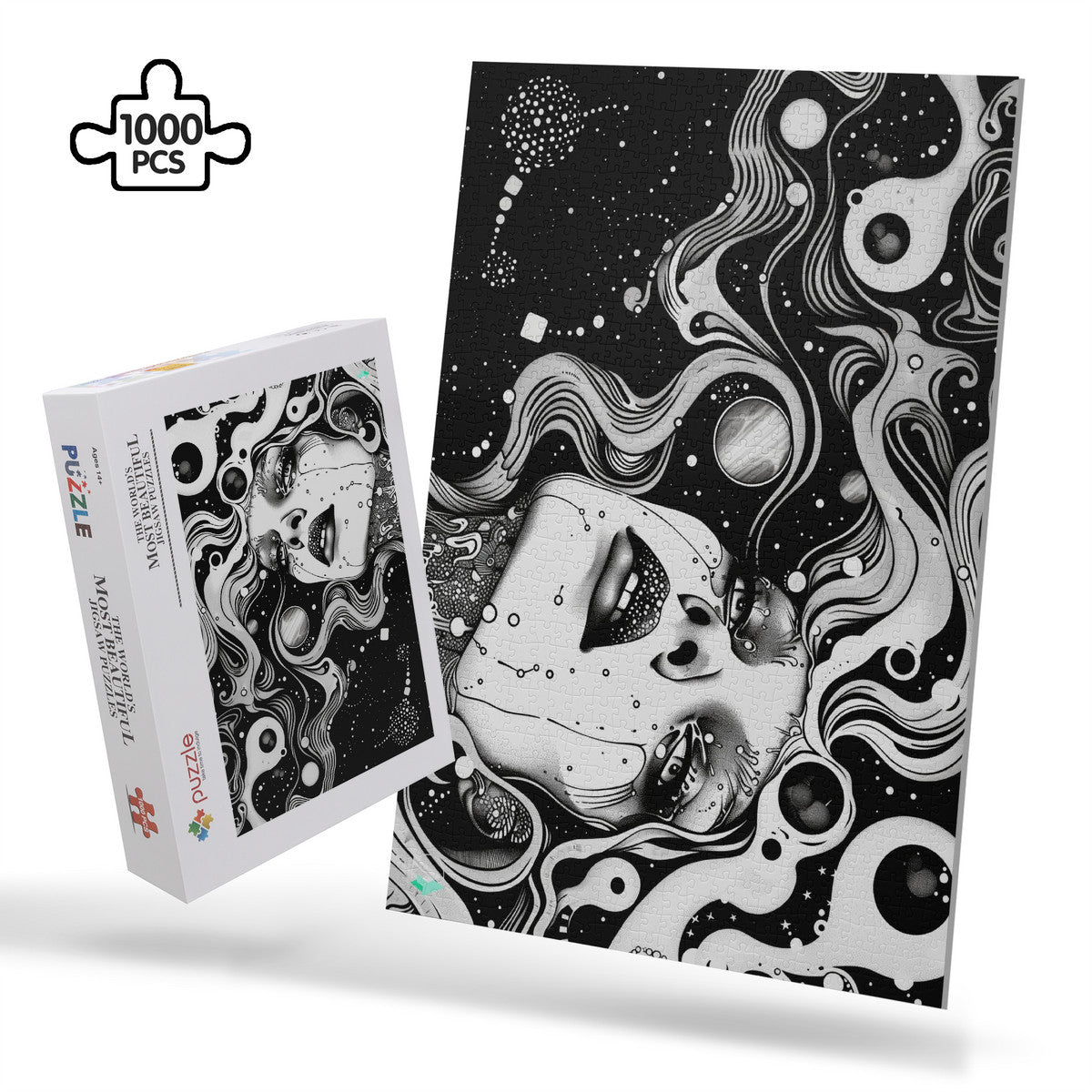 Discernment II Puzzle featuring a woman's face illustration by @shinjoku13, available in 500 and 1000 pieces, premium cardboard with satin finish.