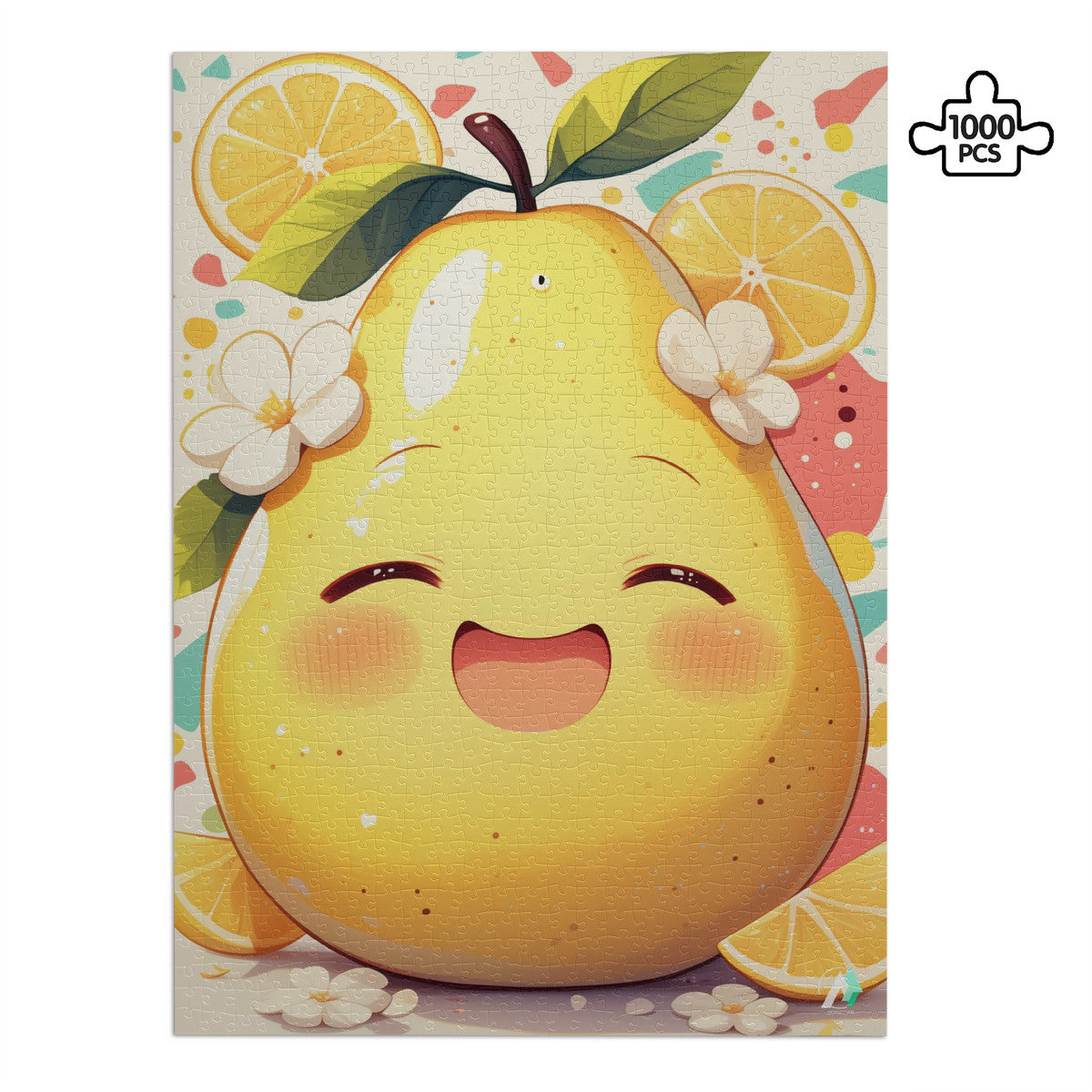 Chibi Pear Puzzle, featuring a cartoon pear design, available in 500 and 1000 pieces, crafted from premium ivory cardboard with satin finish.