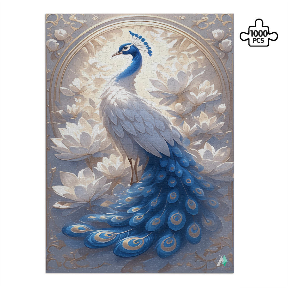 Peacock Nouveau II Puzzle featuring intricate peacock artwork by @shinjoku13, available in 500 and 1000 pieces, crafted from premium ivory cardboard.