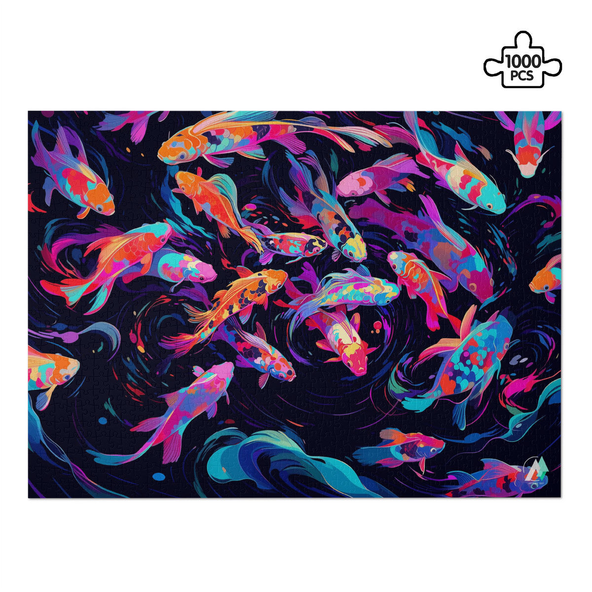 Neon Nishikigoi Koi Puzzle featuring vibrant fish artwork, available in 500 or 1000 pieces, crafted from premium ivory cardboard with a satin finish.