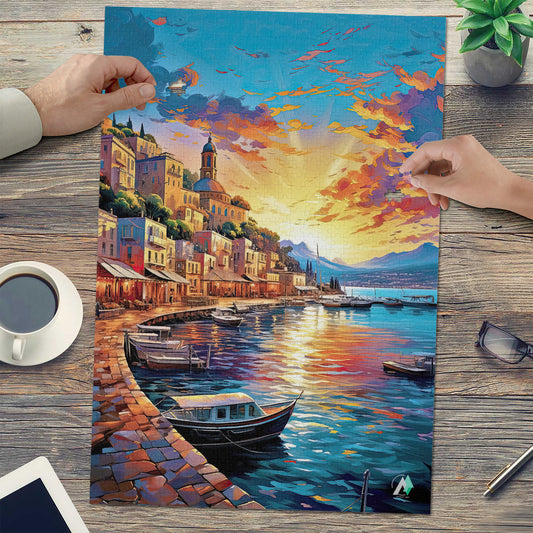 Capri Sunset Puzzle featuring Mediterranean cityscape and boats on water, available in 500 and 1000 pieces, crafted with premium ivory cardboard and satin finish.