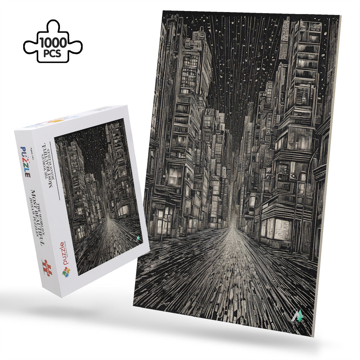 Urban Nightscape I Puzzle featuring intricate cityscape drawing, available in 500 or 1000 pieces, crafted from premium ivory cardboard with satin finish.