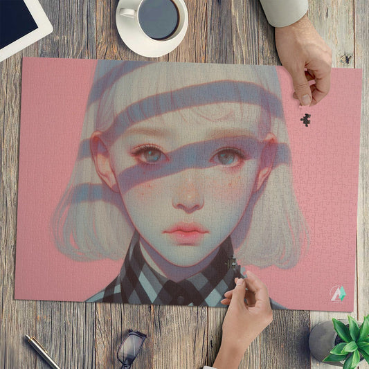Surreal Feminine VI Puzzle: A detailed puzzle of a girl's portrait with shadows, featuring premium cardboard and artwork by @shinjoku13. Available in 500 and 1000 pieces.