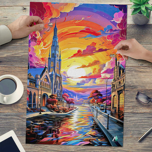 Canal of Colors Puzzle, featuring a vibrant canal scene by artist @iguana_nick. Available in 500 and 1000 pieces, crafted from premium cardboard.