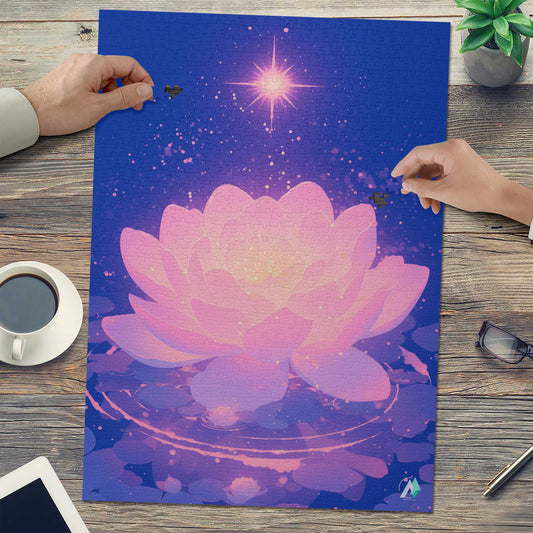 Celestial Bloom I Puzzle featuring a floral design floating on water, available in 500 and 1000 pieces, crafted from premium ivory cardboard with a satin finish.