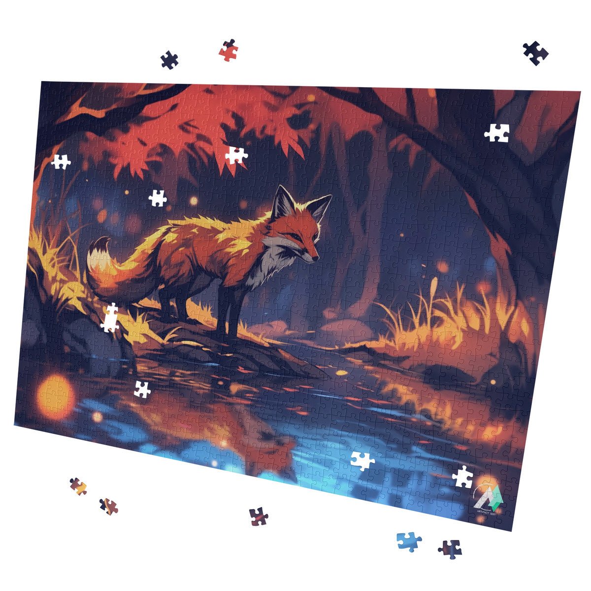 Fall'n for Foxes VIII Puzzle features a fox standing on a river, crafted with premium ivory cardboard in 500 and 1000 pieces.