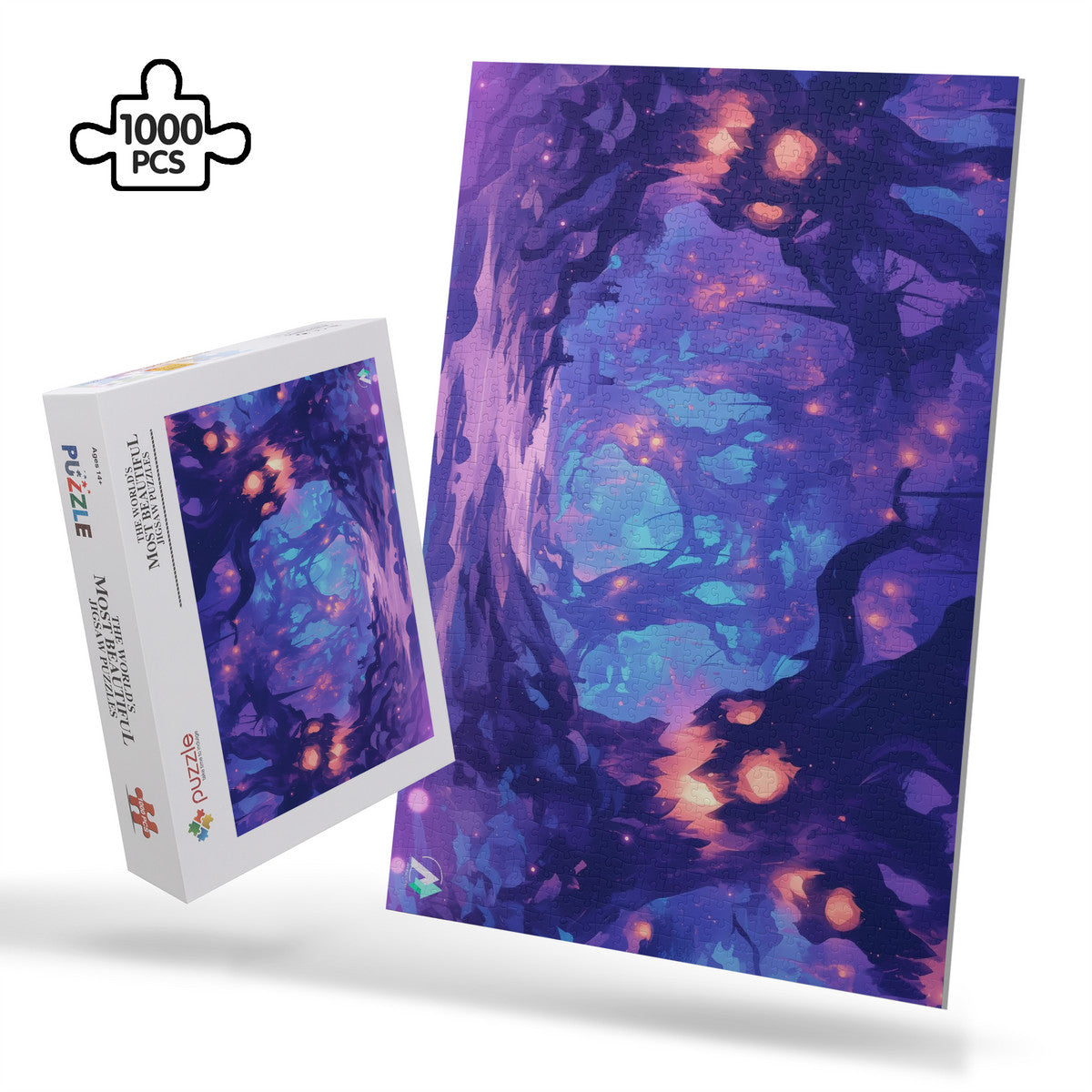 Forest of Haunts Puzzle featuring eerie tree artwork by @drewsidious, available in 500 or 1000 pieces, crafted from premium ivory cardboard.