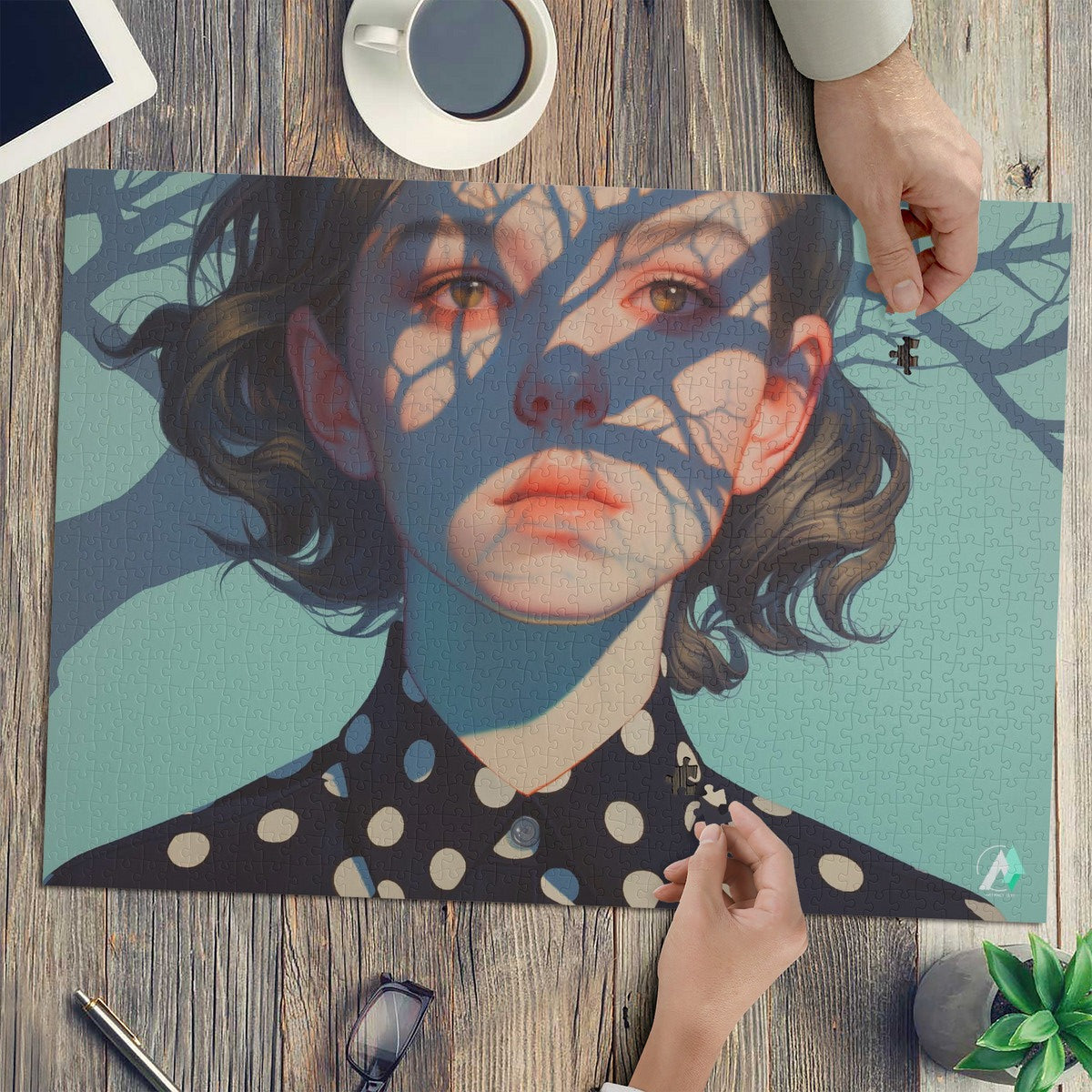 Surreal Feminine II Puzzle: A 500 or 1000-piece jigsaw featuring a woman's face artwork by @shinjoku13, crafted on premium ivory cardboard.