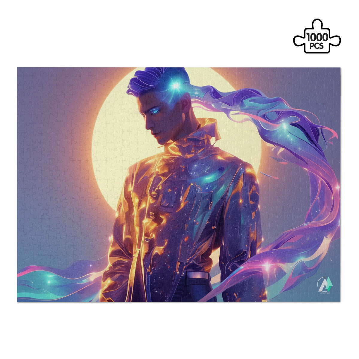 Cy Ber Ne Tic I Puzzle features a man with glowing purple blue hair in a shiny suit, crafted from premium ivory cardboard.