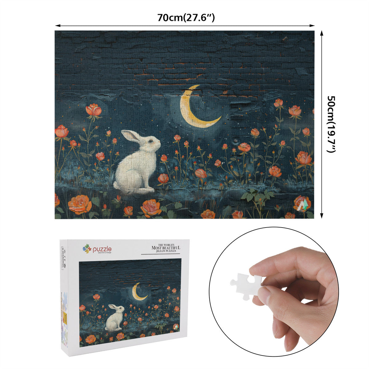 Bunny Meadow Graffiti Puzzle features a rabbit among flowers and a moon, crafted on premium ivory cardboard, available in 500 and 1000 pieces.