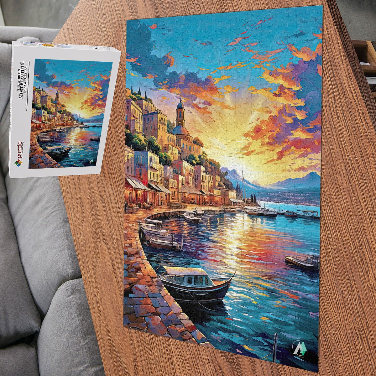 Capri Sunset Puzzle featuring Mediterranean cityscape and boats on water, available in 500 and 1000 pieces, crafted with premium ivory cardboard and satin finish.