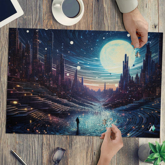 Future Urbanscape I Puzzle featuring a future cityscape with a man walking on a street, available in 500 and 1000 pieces, premium cardboard.