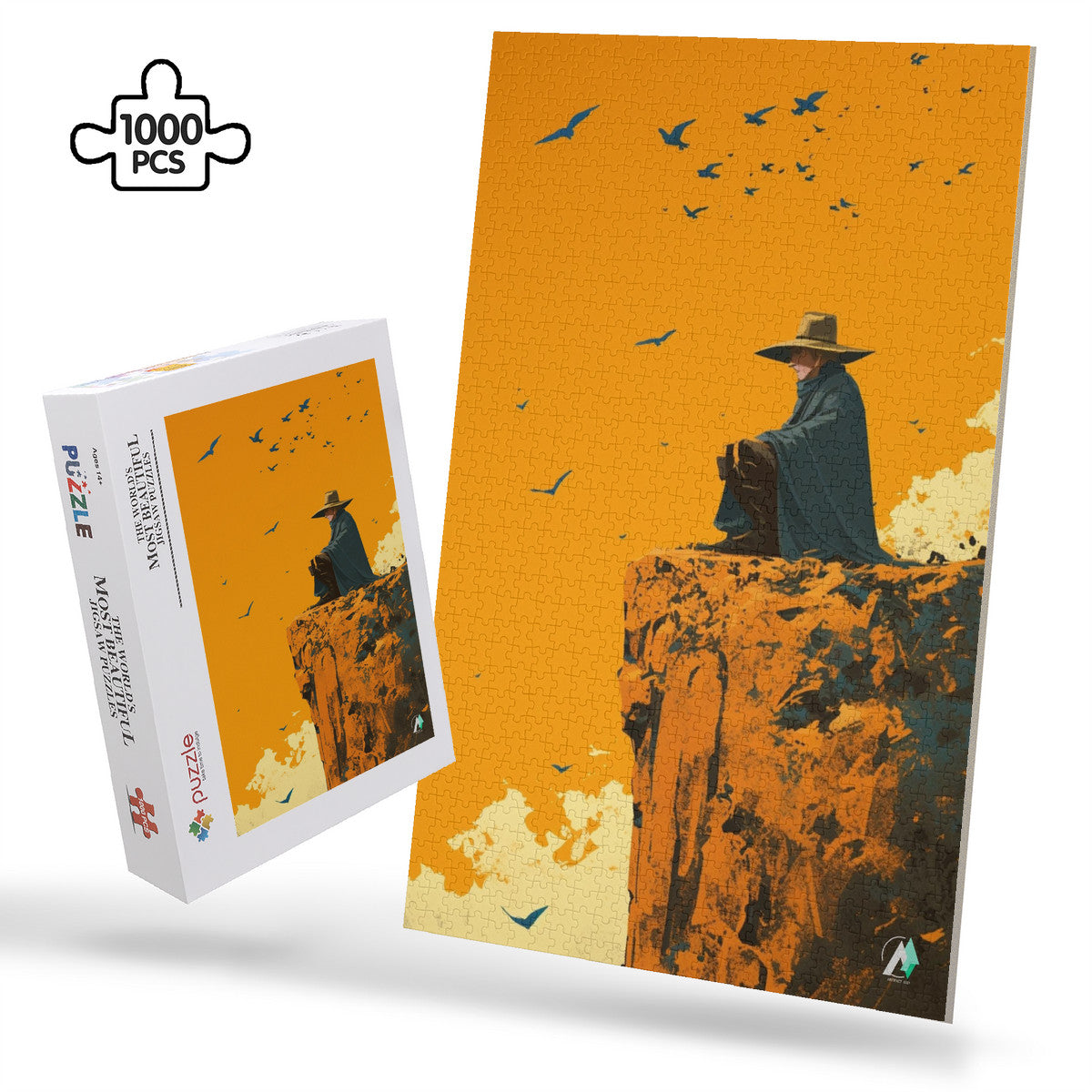 Cliffside Reverie Puzzle features an artistic depiction of a man on a cliff, available in 500 and 1000 pieces, crafted from premium ivory cardboard.