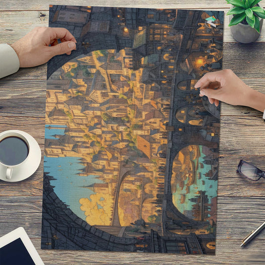 Lumina Citadel Puzzle featuring a cityscape with bridges and clouds, crafted on premium ivory cardboard with satin finish, available in 500 and 1000 pieces.