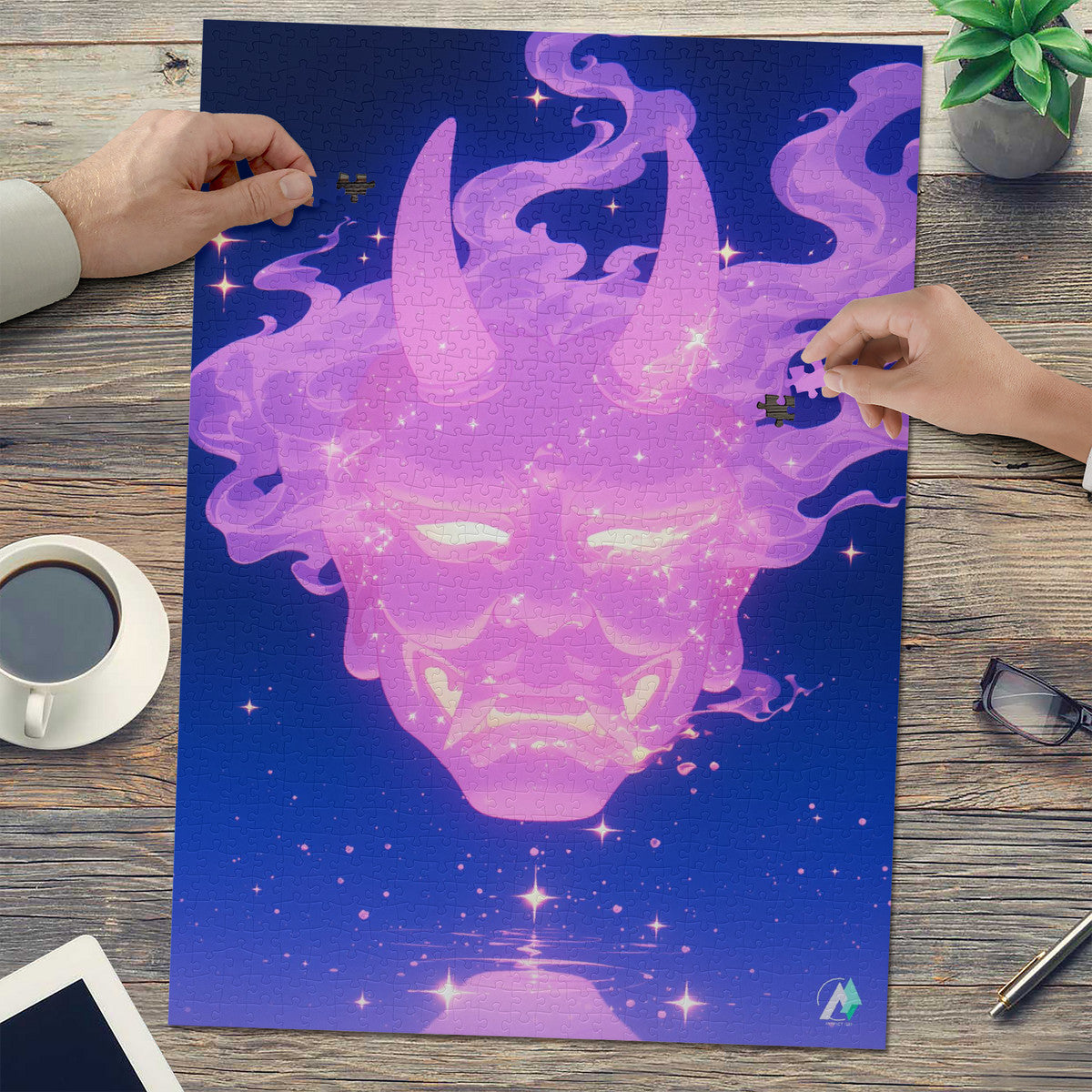 Oni Spirit Mask VII Puzzle featuring a horned face, available in 500 and 1000 pieces, crafted from premium ivory cardboard with a satin finish.