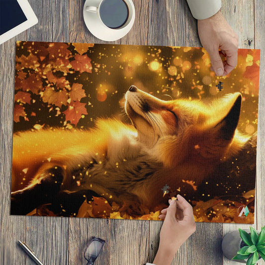 Puzzle titled Fall'n for Foxes VII featuring a serene fox lying on leaves, available in 500 or 1000 pieces, crafted from premium ivory cardboard.