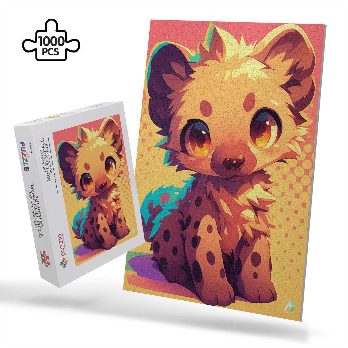 Chibi Safari Hyena Puzzle: a jigsaw puzzle featuring a hyena design, available in 500 or 1000 pieces, crafted from premium ivory cardboard with a satin finish.