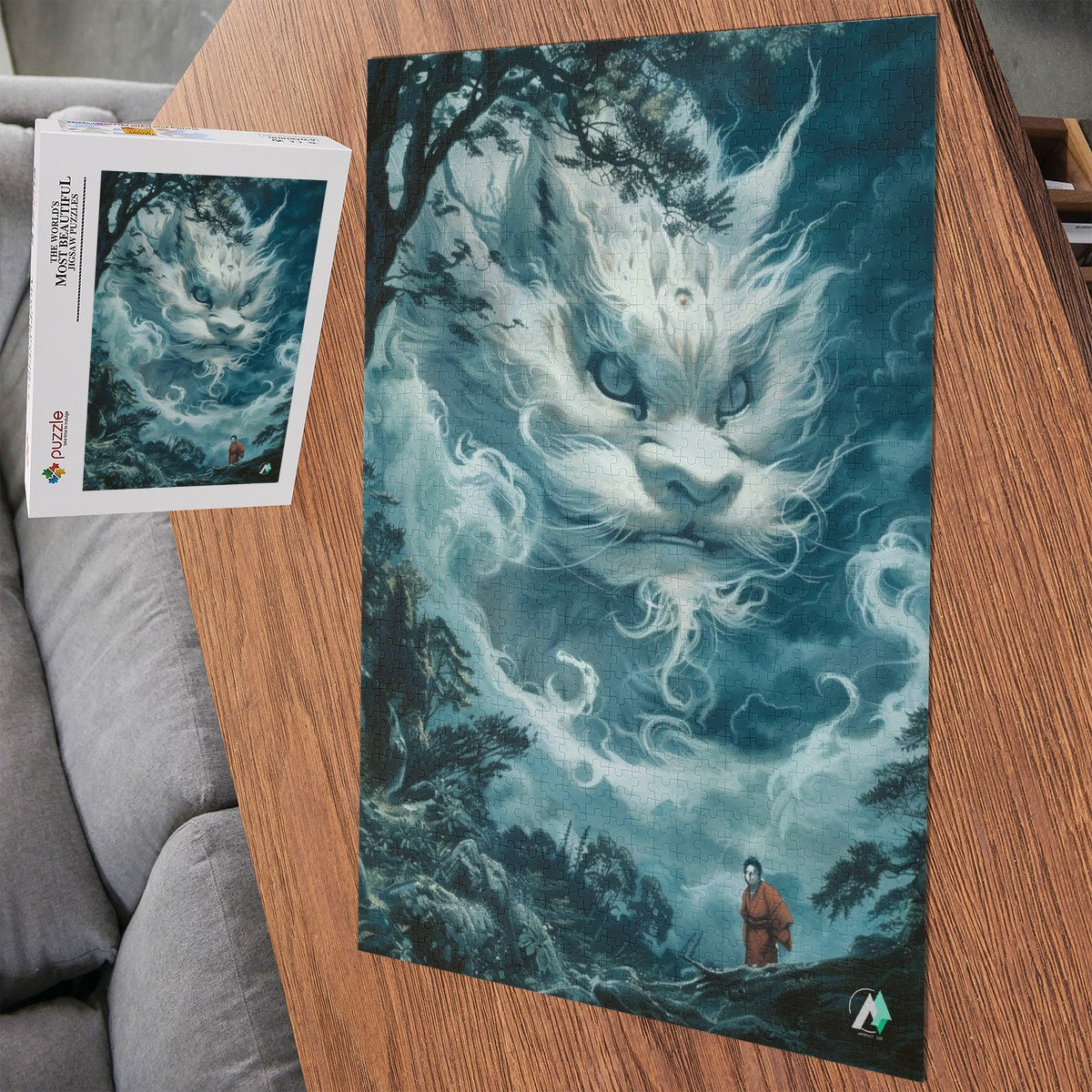 The Yokai Mystiques II Puzzle features intricate designs, including a white lion, air dragon, and abstract faces, by artist @ainfusionart.