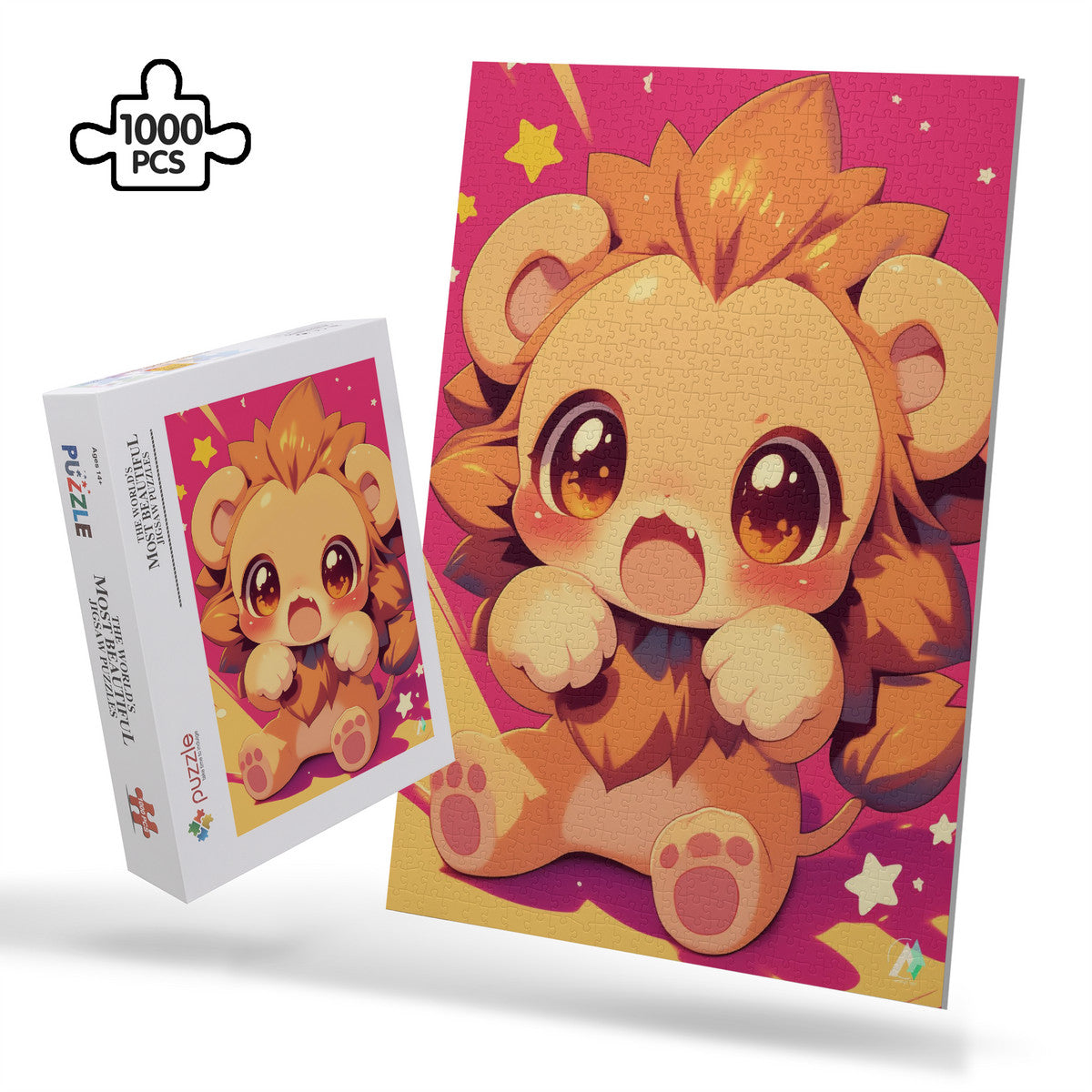 Chibi Safari Lion I Puzzle featuring a whimsical cartoon lion design by @shinjoku13, available in 500 and 1000 pieces, made from premium satin-finished cardboard.