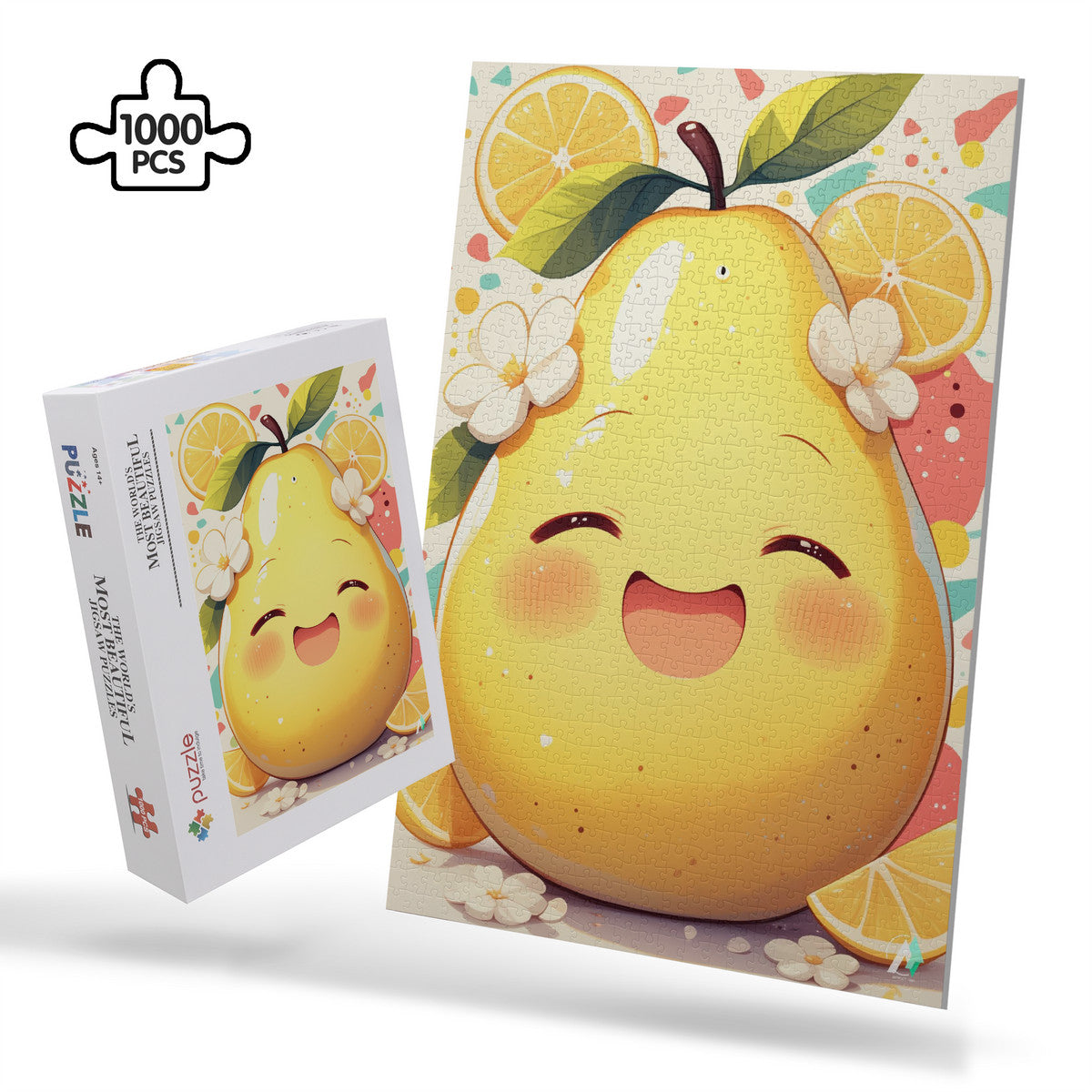 Chibi Pear Puzzle, featuring a cartoon pear design, available in 500 and 1000 pieces, crafted from premium ivory cardboard with satin finish.
