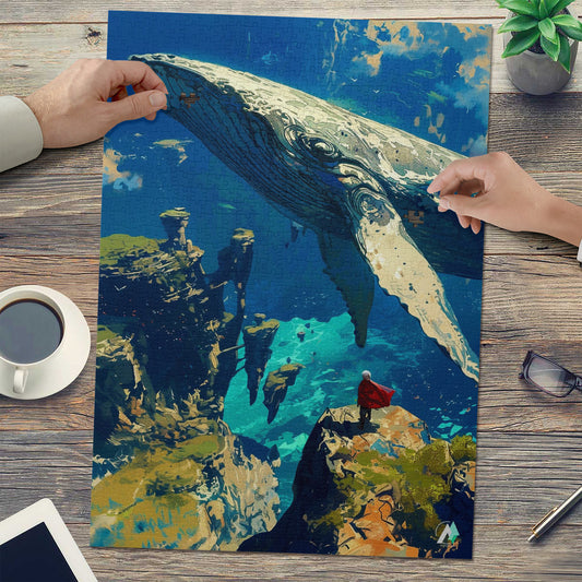 Galleria Galactica VIII Puzzle: Features a whimsical whale and child scene, crafted from premium ivory cardboard. Available in 500 or 1000 pieces.