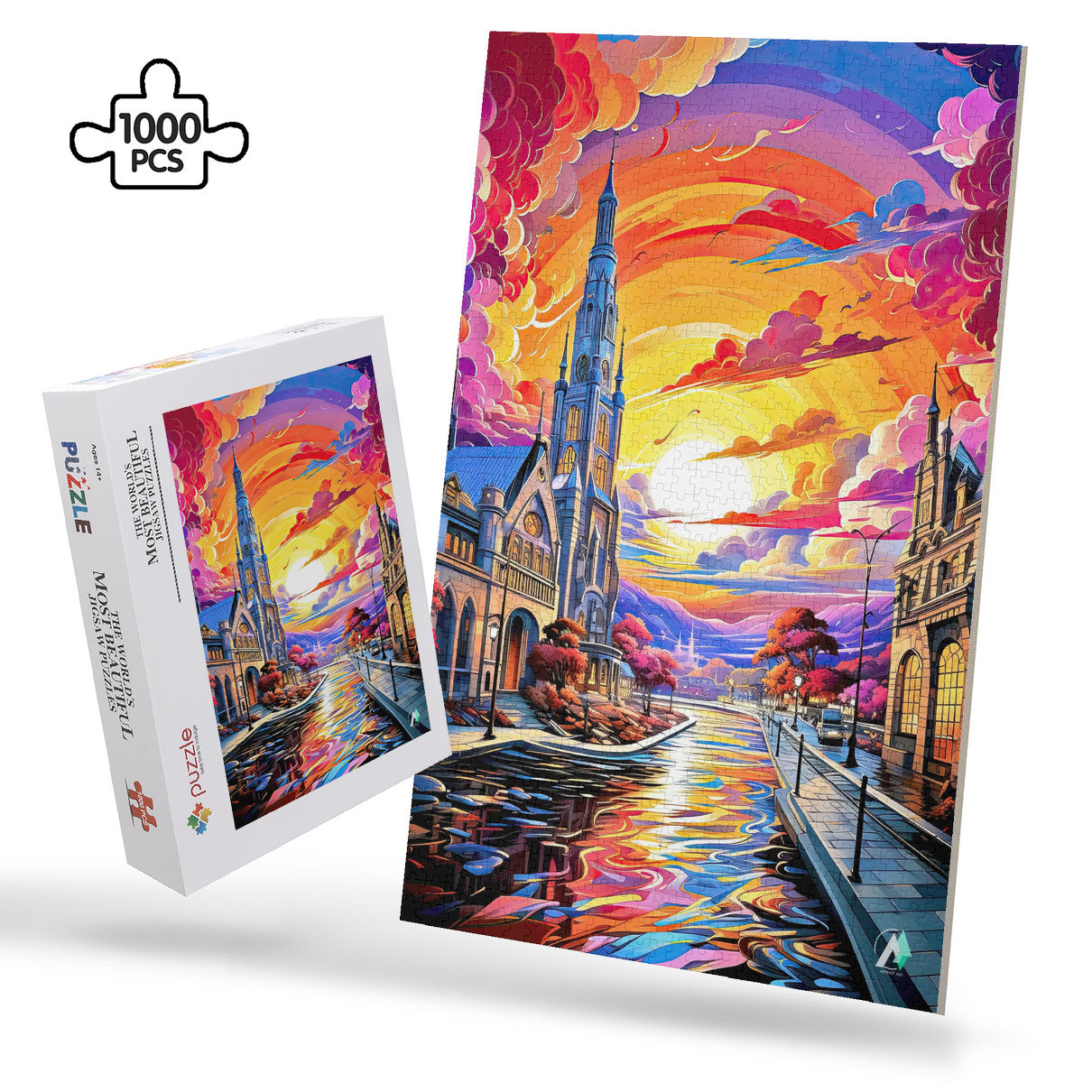 Canal of Colors Puzzle, featuring a vibrant canal scene by artist @iguana_nick. Available in 500 and 1000 pieces, crafted from premium cardboard.