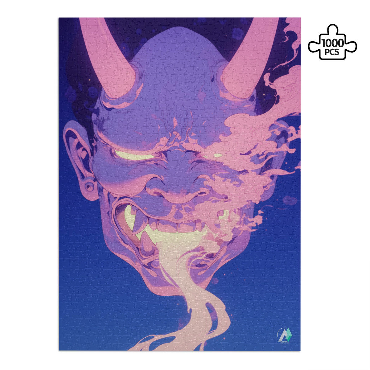 Oni Spirit Mask IX Puzzle: Jigsaw puzzle featuring a horned face with tongue out, available in 500 or 1000 pieces. Art by @shinjoku13.