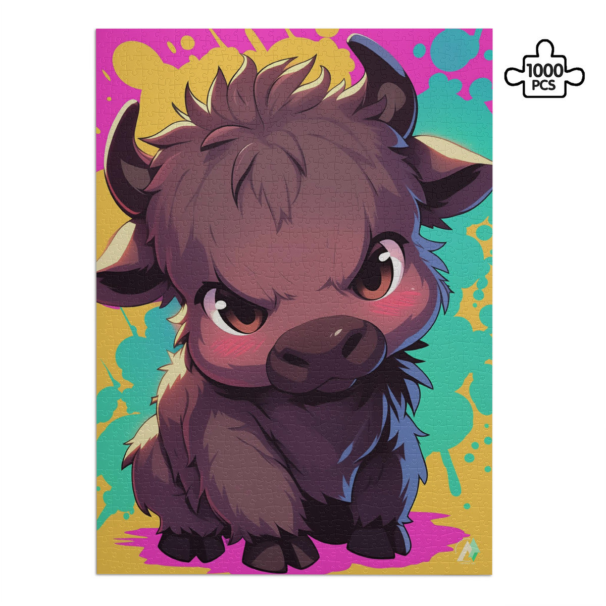 Chibi Safari Wildebeest Puzzle featuring a cartoon buffalo design. Available in 500 and 1000 pieces, crafted from premium ivory cardboard with a satin finish.