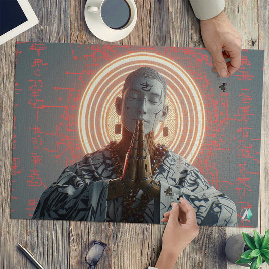 Cybernetic Monk I Puzzle featuring intricate artwork with a cyborg monk and glowing circle, available in 500 or 1000 pieces, crafted from premium ivory cardboard.