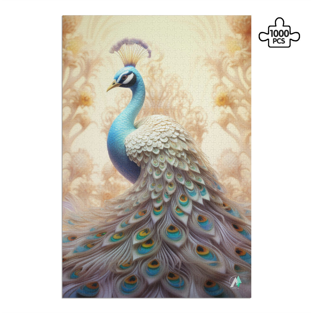 The Peacock Emperor Puzzle, featuring a detailed peacock design, available in 500 and 1000 pieces, crafted from premium ivory cardboard with a satin finish.