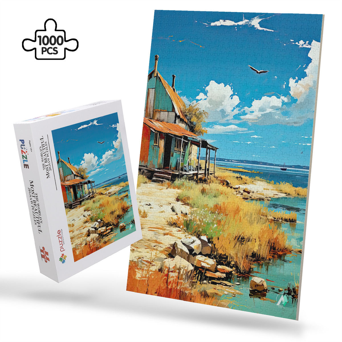 Oléron Shanty Puzzle depicts a house by the sea with clouds, crafted from premium ivory cardboard, available in 500 and 1000 pieces.