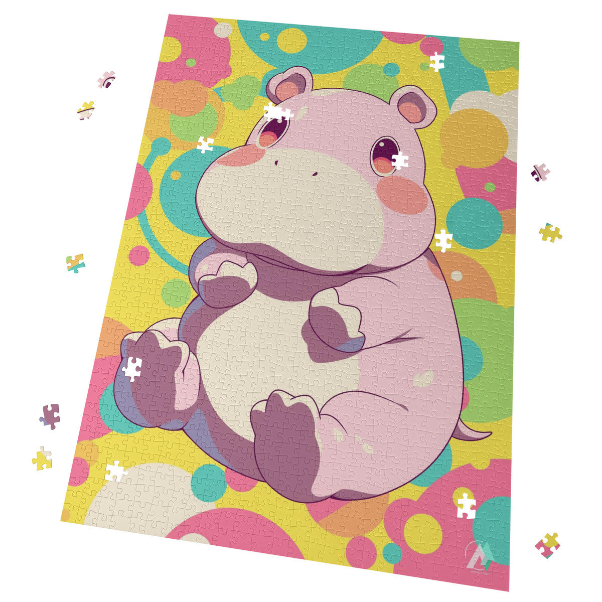 Chibi Safari Hippo Puzzle: Cartoon hippo puzzle by artist @shinjoku13, available in 500 or 1000 pieces, crafted from premium ivory cardboard.