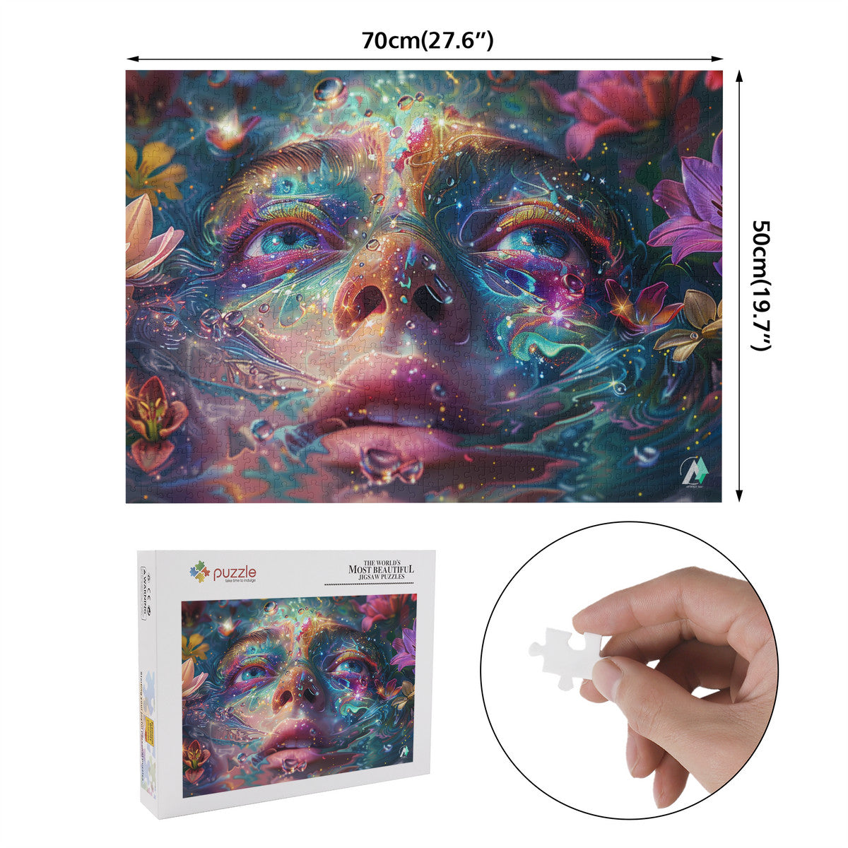 Emergence II Puzzle featuring a woman's face intertwined with flowers, available in 500 or 1000 pieces, crafted from premium ivory cardboard with a satin finish.