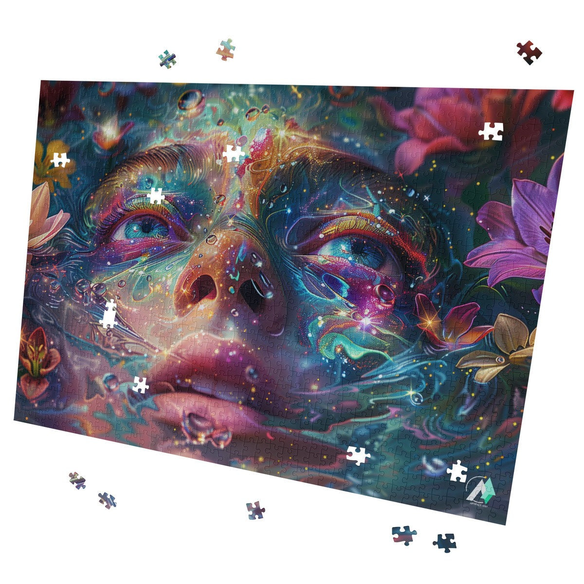 Emergence II Puzzle featuring a woman's face intertwined with flowers, available in 500 or 1000 pieces, crafted from premium ivory cardboard with a satin finish.