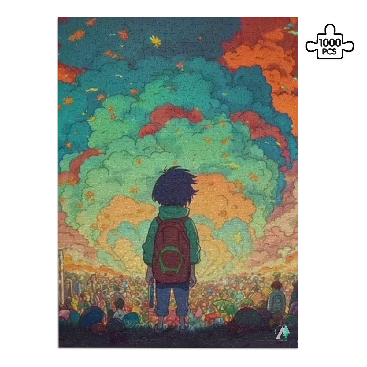 Fete Forever Puzzle: A child gazes at a diverse crowd, depicted in a vibrant jigsaw puzzle, available in 500 or 1000 pieces.