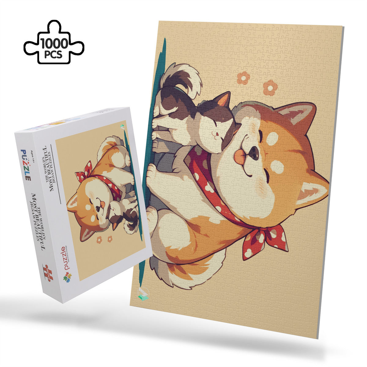 Chibi Shiba II Puzzle featuring a whimsical dog and cat illustration, available in 500 or 1000 pieces, crafted from premium ivory cardboard.