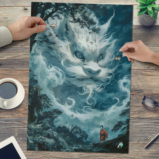 The Yokai Mystiques II Puzzle features intricate designs, including a white lion, air dragon, and abstract faces, by artist @ainfusionart.