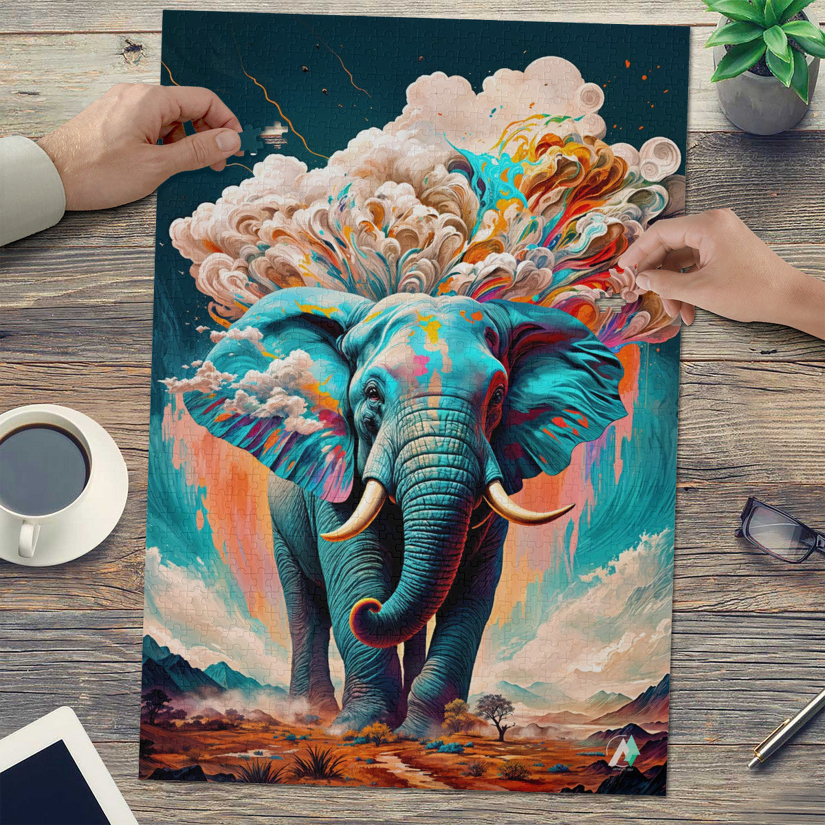 Elemental Elephant Puzzle featuring a vibrant elephant with colorful clouds, available in 500 and 1000 pieces, crafted from premium ivory cardboard.