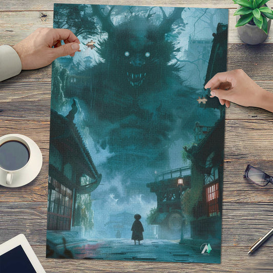 The Yokai Mystiques I Puzzle featuring a monster design, available in 500 and 1000 pieces, crafted from premium ivory cardboard with a satin finish.