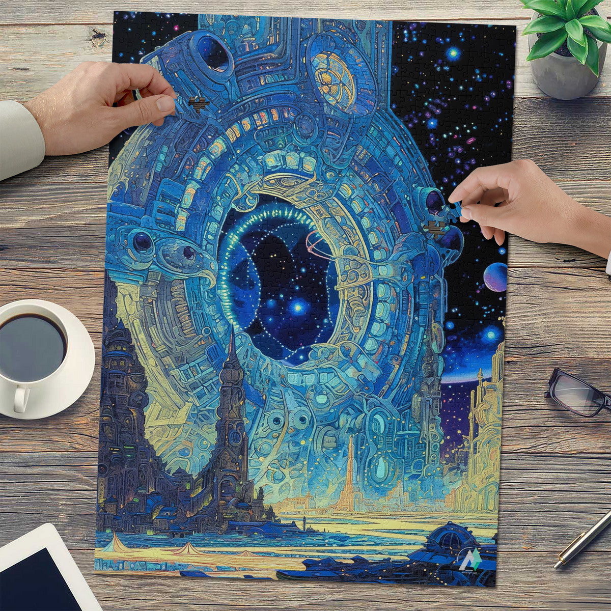 Galleria Galactica VI Puzzle: A circular space gate with city backdrop, available in 500 or 1000 pieces, crafted from premium ivory cardboard.