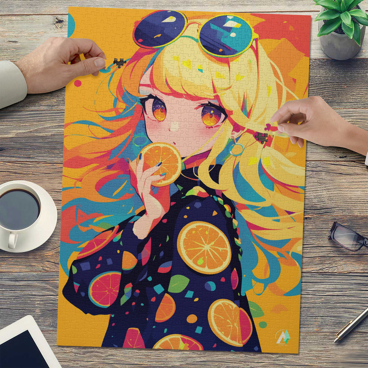 Chibi Orengella Puzzle featuring a cartoon girl holding orange slices, available in 500 and 1000 pieces, crafted from premium ivory cardboard.