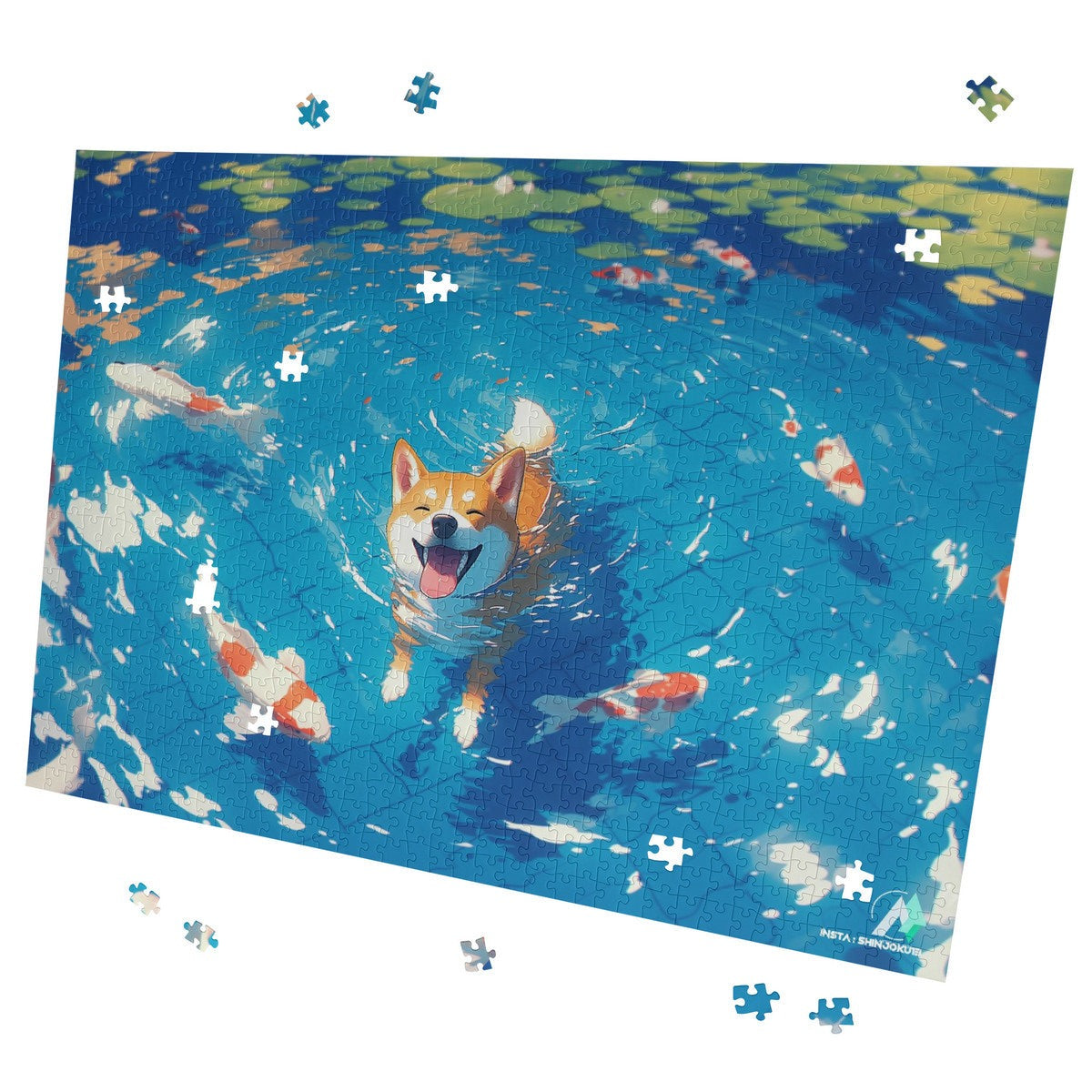 Chibi Shiba V Puzzle featuring a dog swimming with fish, available in 500 or 1000 pieces, crafted from premium ivory cardboard.