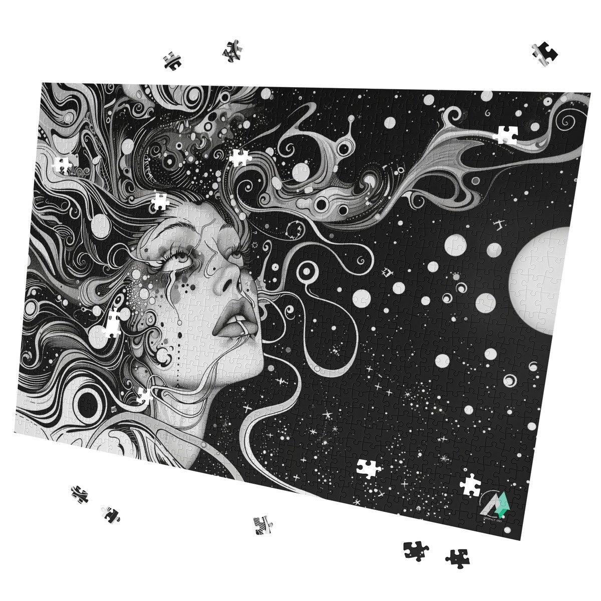 Discernment IV Puzzle features a black and white illustrated woman's face, available in 500 or 1000 pieces, crafted from premium ivory cardboard.