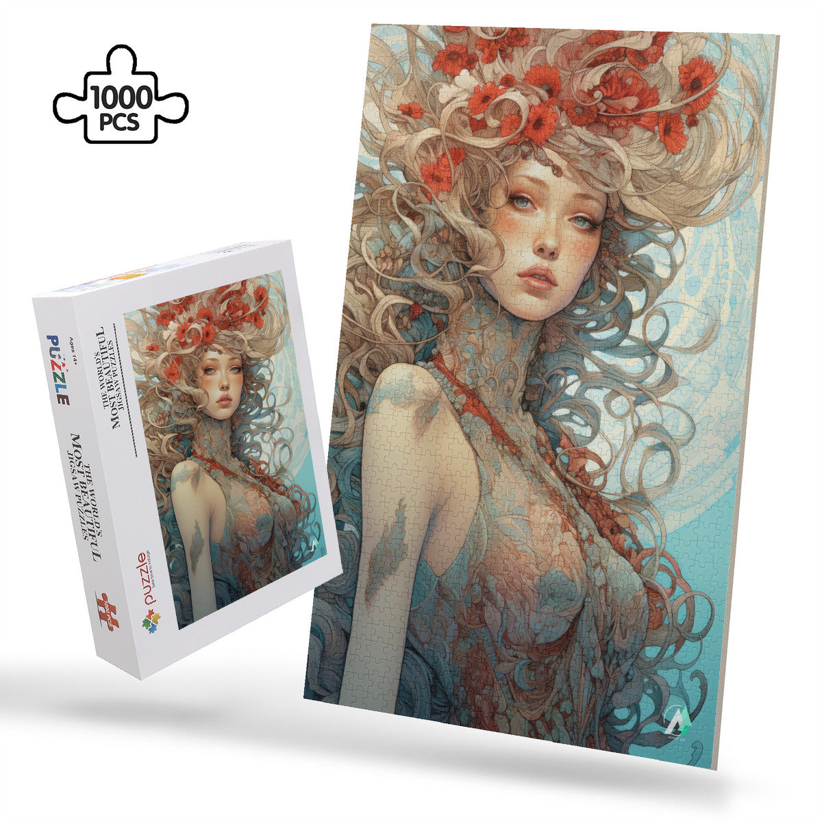 Beauty in Bloom II Puzzle features a woman's portrait with flowers in her hair, available in 500 and 1000 pieces, crafted from premium ivory cardboard.