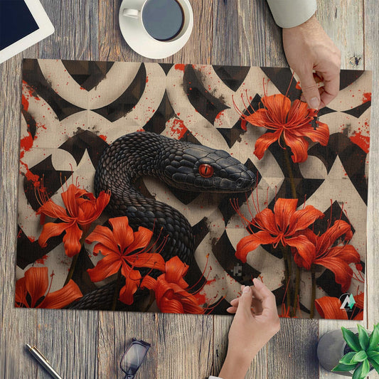 Hibiscus Serpent Puzzle featuring a snake entwined with flowers, available in 500 or 1000 pieces, crafted from premium ivory cardboard.